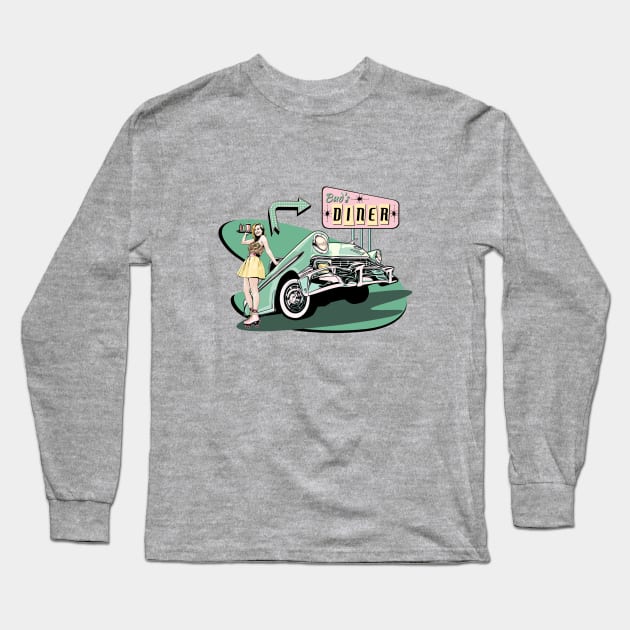 50's Diner with Roller Skating Waitress - Pink/green version Long Sleeve T-Shirt by ZoeysGarage